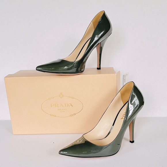 Prada Shoes - Prada olive gray patent leather heel size 38